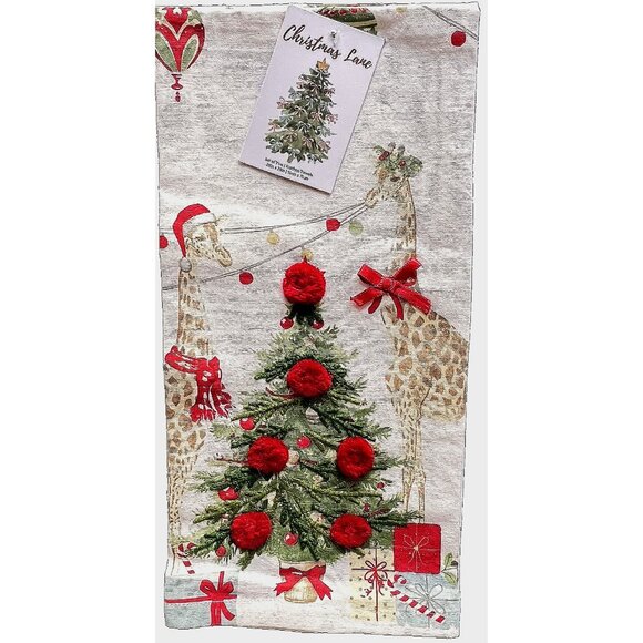 CHRISTMAS GIRAFFE Dish Kitchen Towel Set of 2 Embroidered FESTIVE 20" x 28 - Picture 2 of 7